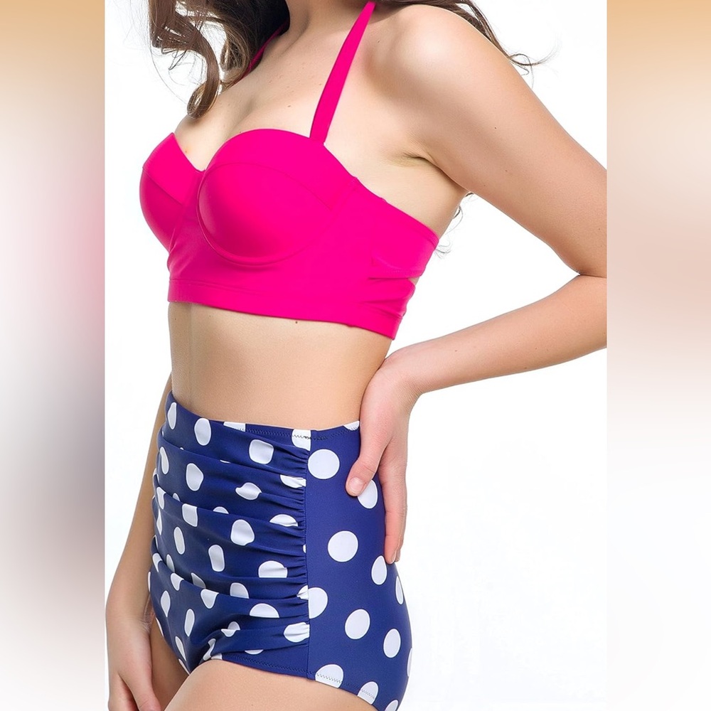 NWT Amazon Hot Pink Structured Swim Bralette & Navy Polka Dot High-Waist Bottom
